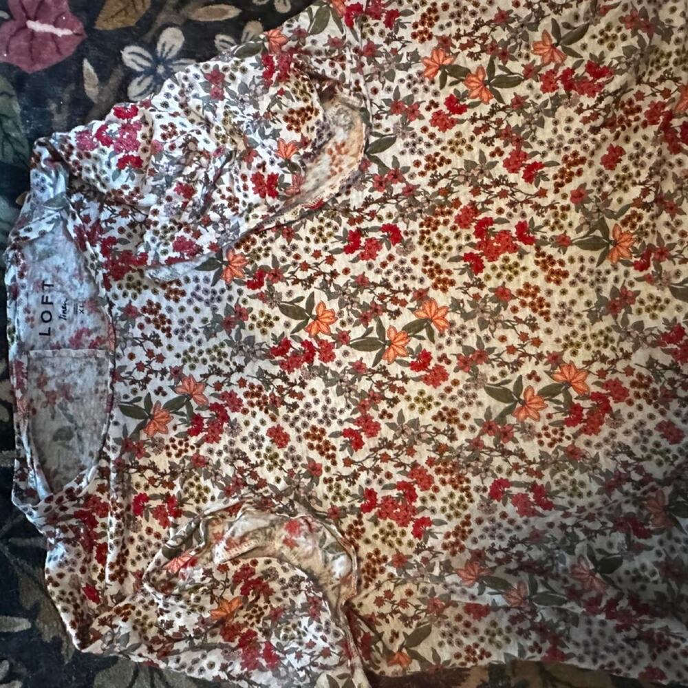 LOFT Linen Size XL Floral Top Red Orange Boho Cottagecore